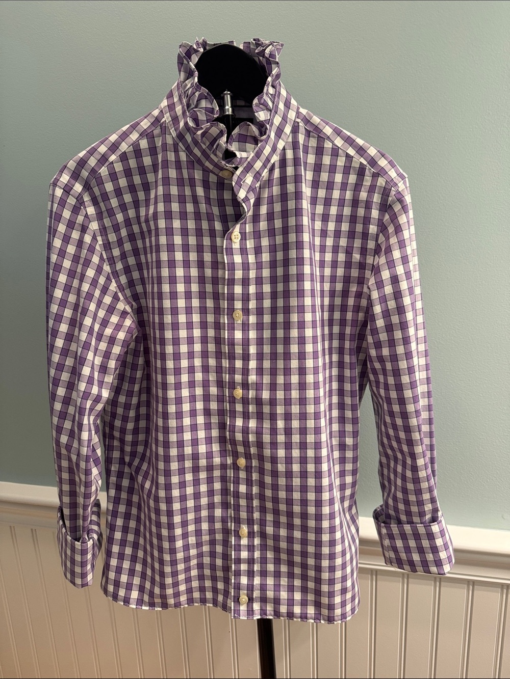 Reimagined Purple/White Banana Republic shirt with a ruffle collar
